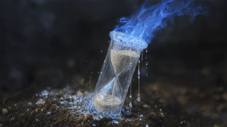 An hourglass spills sand while mystical blue flames rise, surrounded by glistening water droplets, evoking themes of time, spirituality, and metaphysical explorationの素材