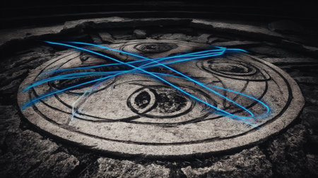 Intricate stone circle features mystical carvings, illuminated by blue light trails, creating a magical ambiance that evokes metaphysical and esoteric themesの素材