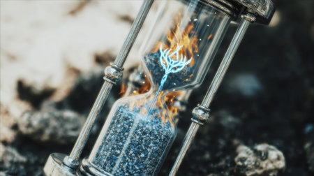 Enigmatic hourglass features a luminous blue tree and flames, set against a backdrop of rough stones, representing the intertwining of time, magic, and spiritual explorationの素材