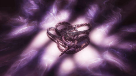 A shimmering rope knot rests in the center of a mystical aura, surrounded by ethereal light and soft shadows, creating a captivating atmosphere of magic and spiritualityの素材