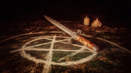 Silver dagger lies on a chalk pentagram, with flickering candles illuminating the dark ambiance, creating a mystical and magical atmosphere for spiritual explorationの素材