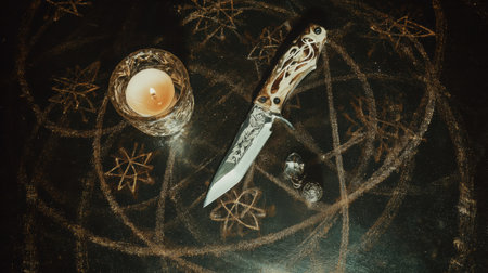 Ornate knife placed on dark surface with mystical symbols, accompanied by a lit candle, creating an atmosphere of magic and spiritual explorationの素材