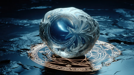 Crystal orb with swirling patterns sits on detailed magical symbols, reflecting light in a dark environment, creating an atmosphere of mysticism and esoteric wonderの素材