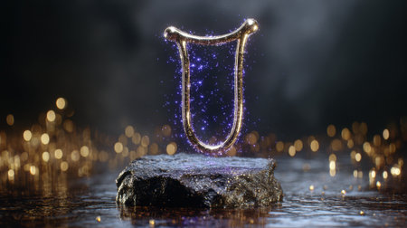 Golden mystical symbol hovers above dark stone, surrounded by sparkling particles and a blurred magical ambiance, evoking feelings of spirituality and esotericismの素材