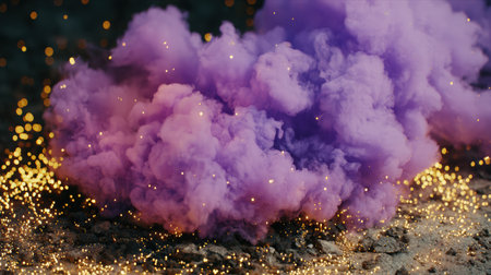 A vibrant purple smoke cloud billows upward, surrounded by shimmering golden particles, evoking a sense of mysticism and spiritual energy in the sceneの素材