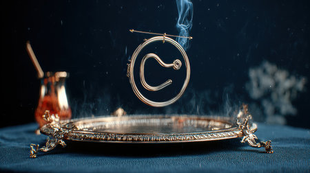 Golden pendant floats above an intricate silver tray, enveloped in ethereal smoke, creating a mystical ambiance that reflects themes of spirituality and magicの素材