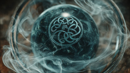 Enigmatic crystal ball, enveloped in ethereal smoke, showcases detailed engravings, representing a journey into mysticism and the exploration of spiritual dimensions and magical realmsの素材