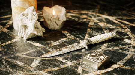 An ornate dagger lies on a mystical altar, accompanied by candles and crystals, creating an ambiance of magic and spiritual exploration with intricate symbolsの素材