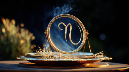 Golden incense holder emits swirling smoke, surrounded by mystical elements, evoking a sense of spirituality and metaphysical exploration in a serene environmentの素材