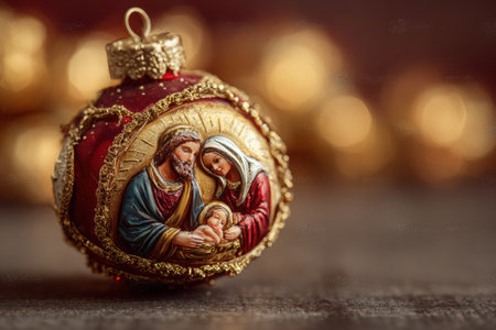 Close-up photograph of a Christmas bauble featuring a nativity scene, highlighting rich textures and colors, perfect for minimalist holiday decor and festive celebrationsの素材