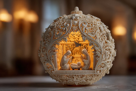 Intricate nativity scene within a carved Christmas tree ball ornament, showing detailed figures and a soft glow, enhancing the festive ambiance with copy spaceの素材