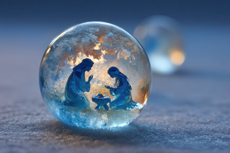 A beautifully crafted nativity scene is encased within a glass Christmas ornament, featuring delicate figures and icy textures, evoking a peaceful holiday ambianceの素材