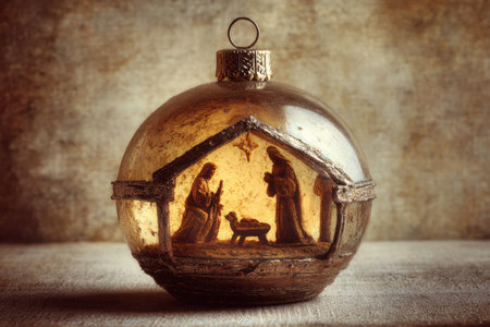 Vintage Christmas ornament displays a nativity scene within a glass ball, highlighting intricate craftsmanship and warm ambiance, ideal for holiday decorationsの素材