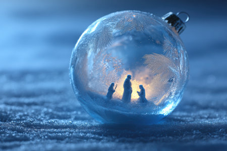 Close-up of a glass Christmas ornament with a nativity scene inside, highlighting delicate textures and a tranquil atmosphere, ideal for holiday decor and seasonal joyの素材