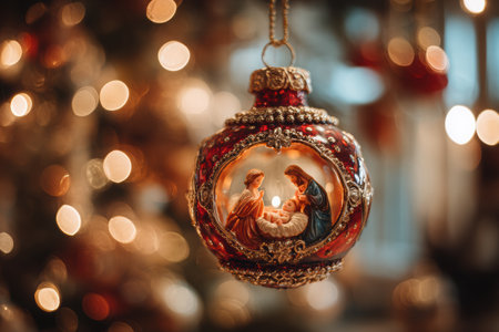 Close-up view of a Christmas bauble featuring a nativity scene, highlighting fine craftsmanship and vibrant colors, surrounded by soft bokeh lights for a magical ambianceの素材