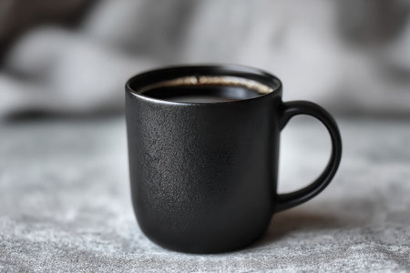 Matte black mug filled with rich black coffee sits on a textured surface, highlighting modern aesthetics and creating an inviting ambiance for coffee loversの素材
