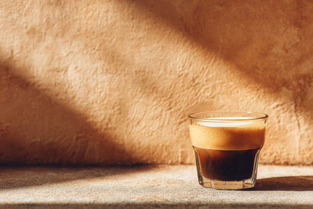 Close-up of a cortado coffee served in a clear glass on a textured surface, illuminated by warm light, highlighting its rich layers and inviting atmosphereの素材
