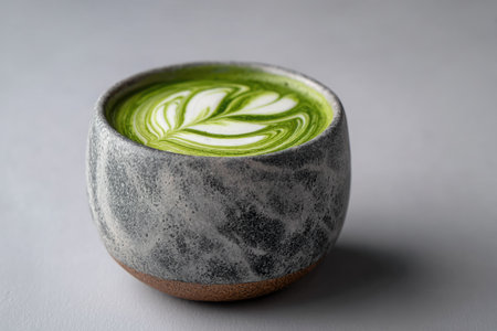 Isolated matcha latte in a matte ceramic cup, featuring beautiful latte art, set against a minimalist background that highlights the drink's rich green hue and smooth textureの素材