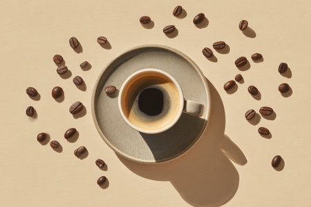Espresso cup filled with dark coffee sits on a matching saucer, surrounded by scattered coffee beans on a soft beige surface, creating a cozy and inviting atmosphereの素材