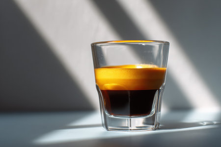 Espresso shot displayed in clear glass, featuring distinct layers of coffee, set against a minimalist background with soft light and shadows enhancing the visual appealの素材