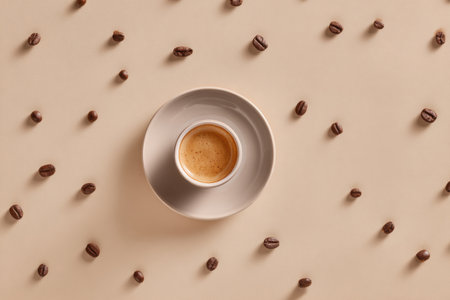 Espresso cup featuring rich crema is positioned on a smooth surface, surrounded by scattered coffee beans, evoking a cozy coffee atmosphere with ample copy spaceの素材