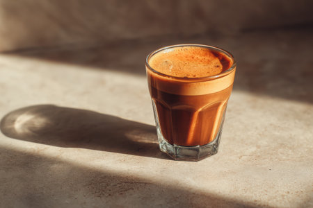 Close-up of a cortado coffee in a clear glass, highlighting its creamy texture and warm hues, set against a soft, minimal background, ideal for coffee photographyの素材