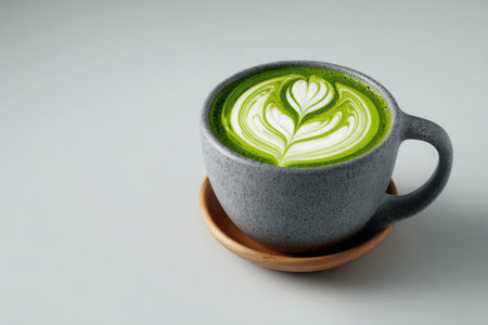 Isolated matcha latte in a matte ceramic cup features beautiful latte art, highlighting its vibrant green color and inviting atmosphere for coffee enthusiastsの素材