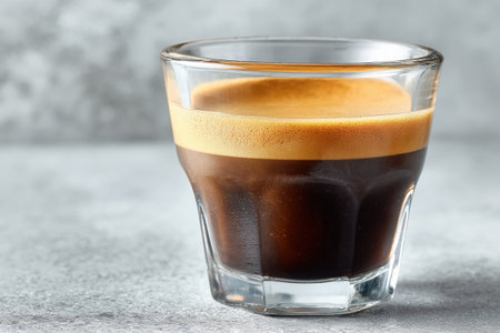 Clear glass holds a vibrant espresso shot with a creamy layer, set against a minimalist background, highlighting the rich textures and inviting coffee experienceの素材