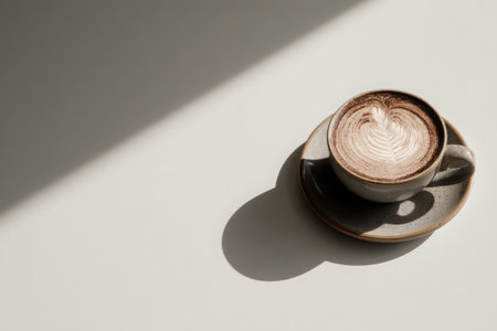 A cappuccino cup featuring beautiful latte art creates a striking shadow on a clean surface, highlighting the elegance of coffee presentation and artistryの素材