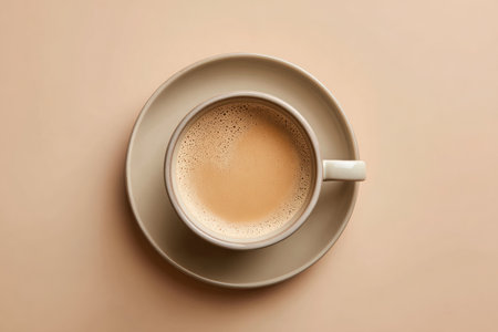 A flat white coffee sits elegantly in a minimalist cup on a saucer, placed on a soft beige surface, creating a calm and inviting atmosphere with copy spaceの素材