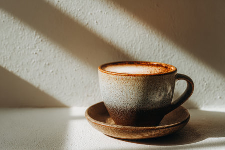 Simple cappuccino cup on a saucer, highlighting warm tones and rich textures, with soft shadows enhancing the minimalist aesthetic and creating a calming atmosphereの素材