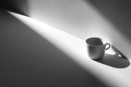 White cappuccino cup creates a striking shadow on a bright surface, highlighting the minimalist aesthetic and the calming ambiance of coffee cultureの素材
