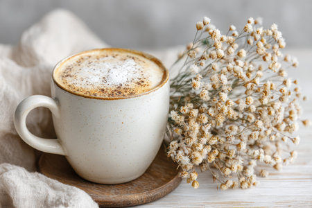 White ceramic cup with macchiato rests on light wooden surface next to dried flowers, evoking a calm and cozy atmosphere perfect for coffee loversの素材