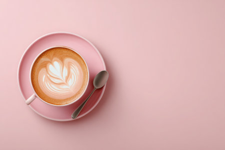 Minimalist top view of cappuccino in pink saucer with spoon, featuring beautiful latte art on creamy surface, creating a warm and inviting atmosphere for coffee enjoymentの素材