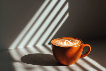 A cappuccino cup featuring beautiful latte art casts a strong shadow on a textured surface, creating a warm and inviting ambiance with minimalistic design elementsの素材