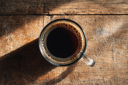 A clear glass mug filled with black coffee rests on a rustic wooden surface, illuminated by warm light, creating a cozy and inviting atmosphere with copy spaceの素材