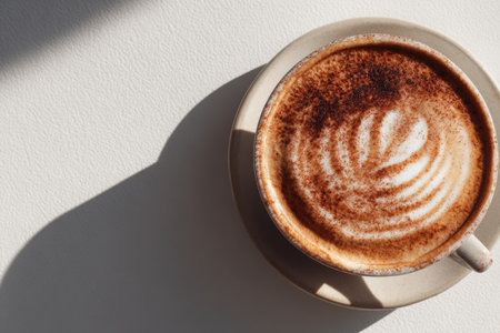 A beautifully crafted cappuccino topped with a cinnamon sprinkle, presented in a minimal flat lay style, highlighting warm colors and inviting textures with copy spaceの素材