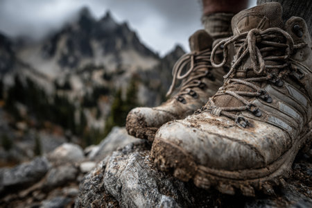 Close-up view of hiking boots resting on rocky ground, displaying dirt and wear, with a breathtaking mountain backdrop, ideal for outdoor adventure imageryの素材