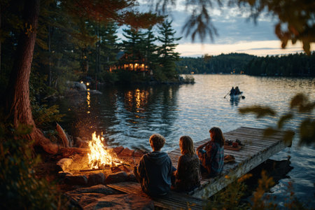 Friends sitting around a glowing campfire on a dock by a tranquil lake, surrounded by trees, sharing stories and enjoying the beauty of nature togetherの素材