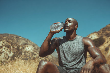 African American man enjoys refreshing water while seated on a rocky hillside, with dry grass and mountains in the background, emphasizing outdoor hydration and fitnessの素材