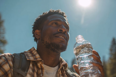 African American man is drinking water while hiking in a natural setting, illuminated by sunlight, emphasizing the importance of hydration during outdoor activitiesの素材