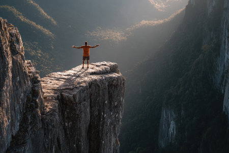 South Asian man stands on a rugged cliff, arms wide open, amidst stunning mountain vistas, capturing the essence of freedom and the thrill of hiking in the great outdoorsの素材
