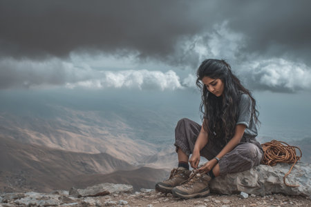 Middle Eastern teenager is seated on a rocky surface, tying hiking boots, with a breathtaking mountain landscape and moody clouds creating an adventurous atmosphereの素材