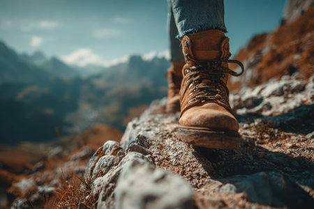 Close-up of hiking boots on rocky surface, highlighting durable materials and craftsmanship, with stunning mountain backdrop creating an adventurous atmosphereの素材