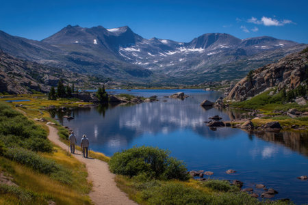 An elderly Caucasian couple is hiking on a scenic path beside a serene lake, with stunning mountains and vibrant greenery creating a peaceful outdoor atmosphereの素材