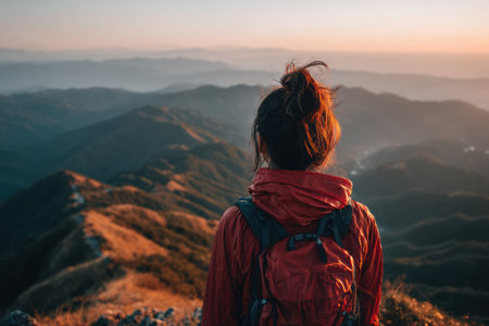 Asian woman wearing red jacket stands on mountain summit, admiring stunning view of hills and sunset, embodying the spirit of hiking and outdoor adventureの素材