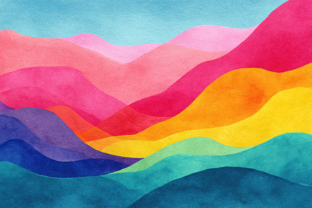Vibrant abstract watercolor illustration showcases overlapping layers in rainbow hues, blending colors and textures, creating a visually captivating and joyful atmosphereの素材