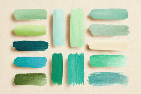A collection of watercolor brush textures in mint and pale teal, arranged in a minimalistic style, perfect for artistic projects and design inspirationの素材