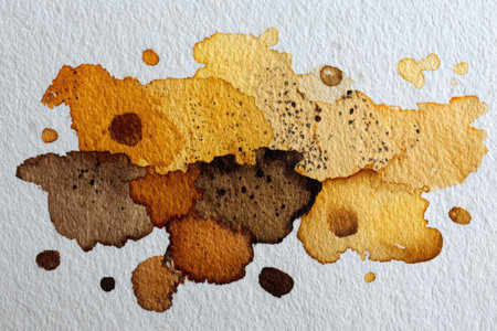 Earthy abstract watercolor illustration with rich brown and ochre smudges, highlighting fluid textures and colors, ideal for artistic projects and backgrounds with copy spaceの素材