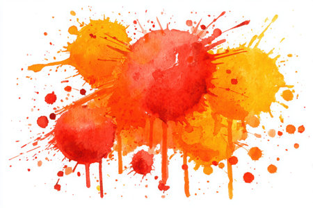 Vibrant abstract watercolor illustration showcases dynamic splashes of orange and red, creating an energetic atmosphere with rich textures and bold colors for artistic useの素材